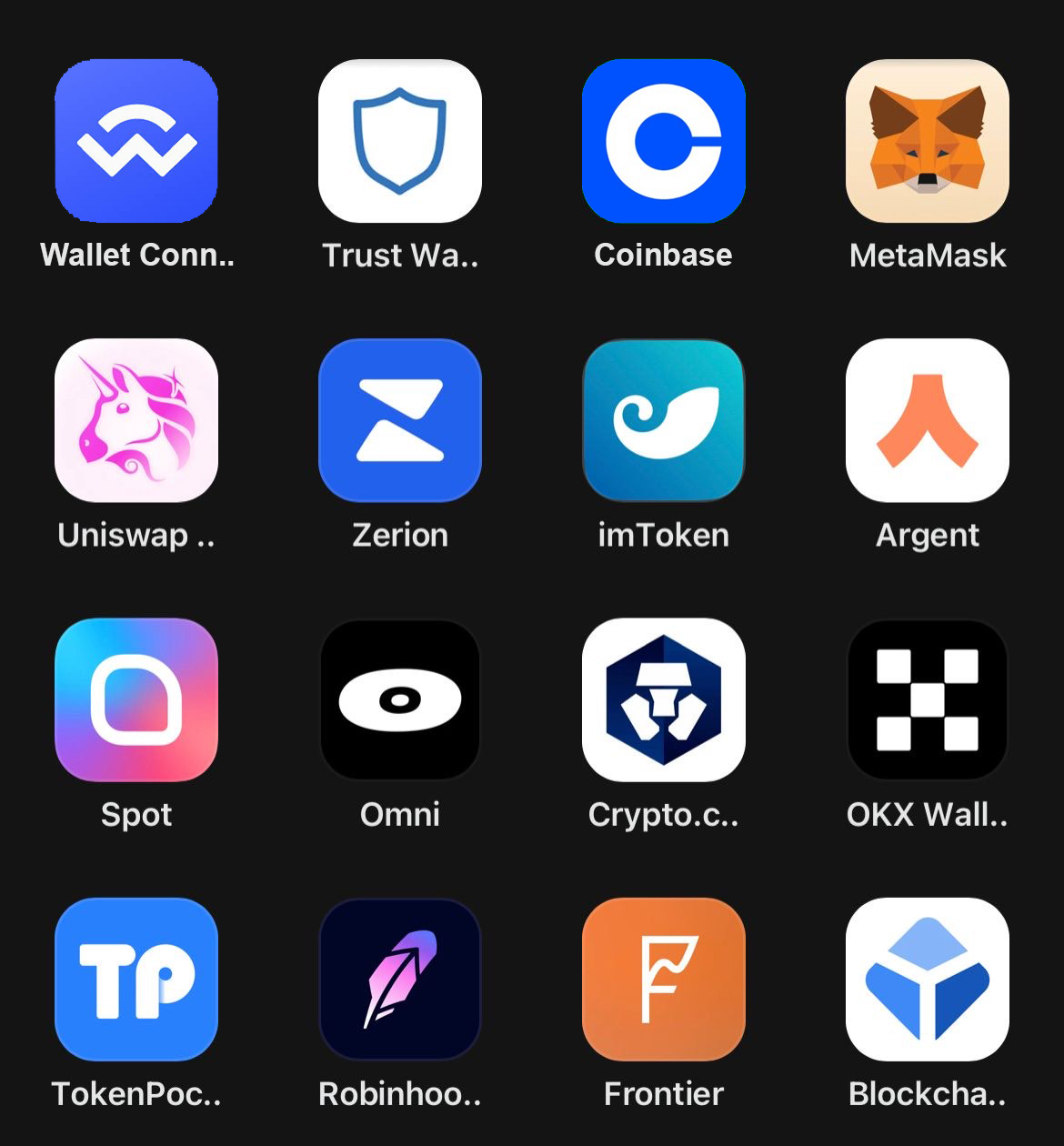 a list of different apps on a black screen